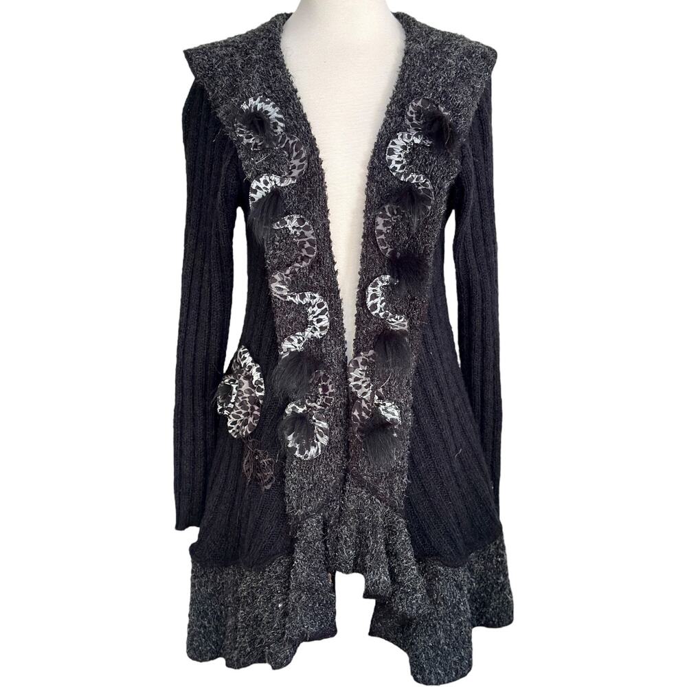 Vintage Y2K Forla Paris Mohair Wool Black Cardigan Steampunk Goth Victorian LRG